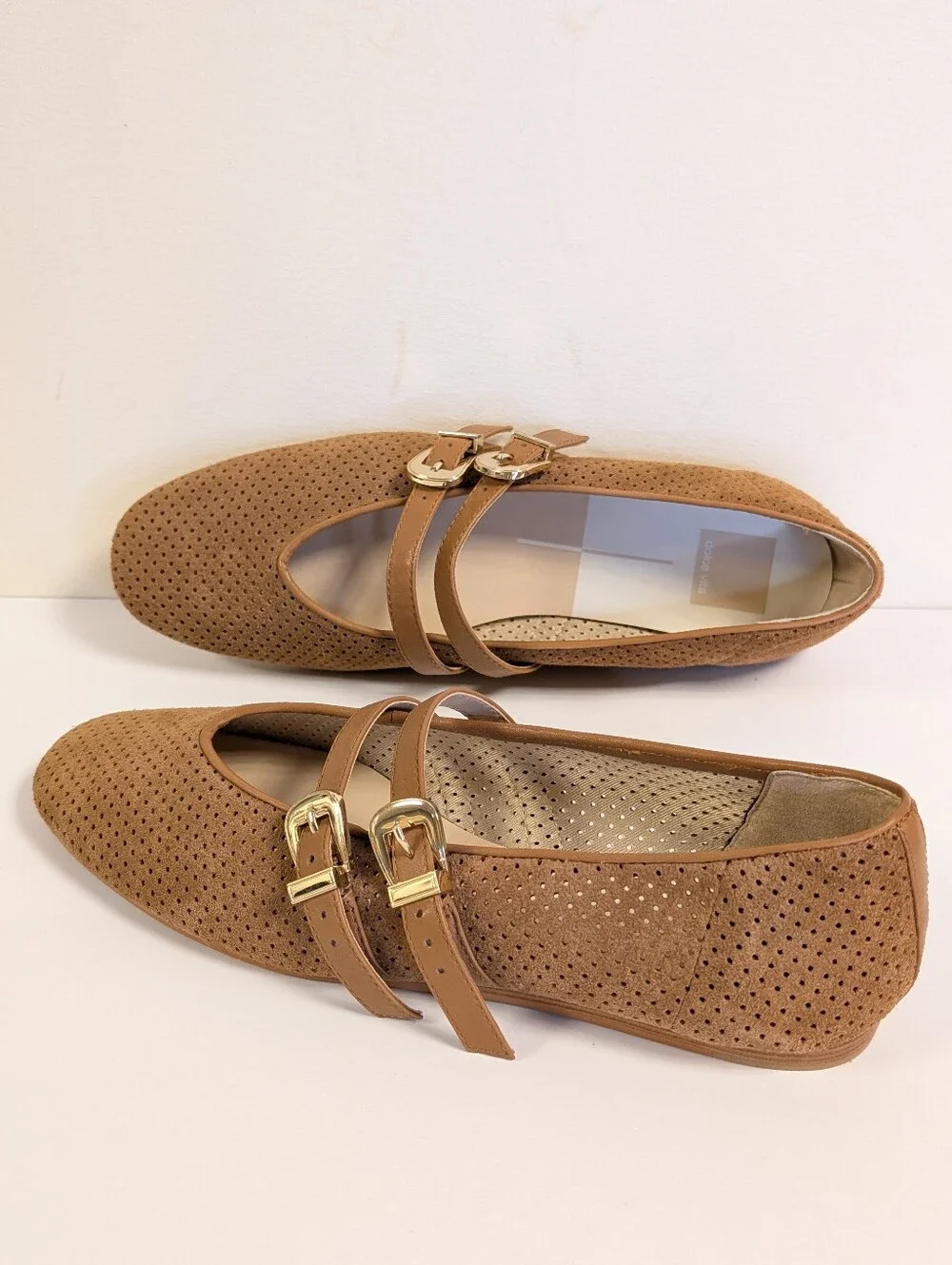 Dolce Vita Baylee Perforated Tan Suede Double-Buckle Mary Jane Ballet Flats 9.5